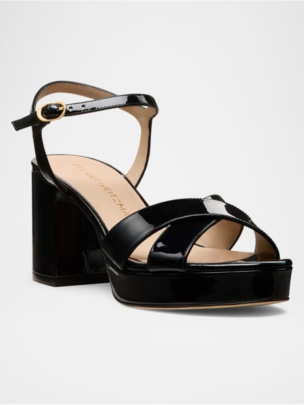 Stuart Weitzman 9.5 Dayna Patent Leather Black Crisscross Platform Sandals